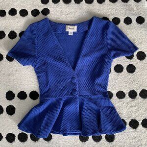 Ganni Peplum Blouse Top Women XS Blue Waffle Knit Button Front Short Sleeve Boho